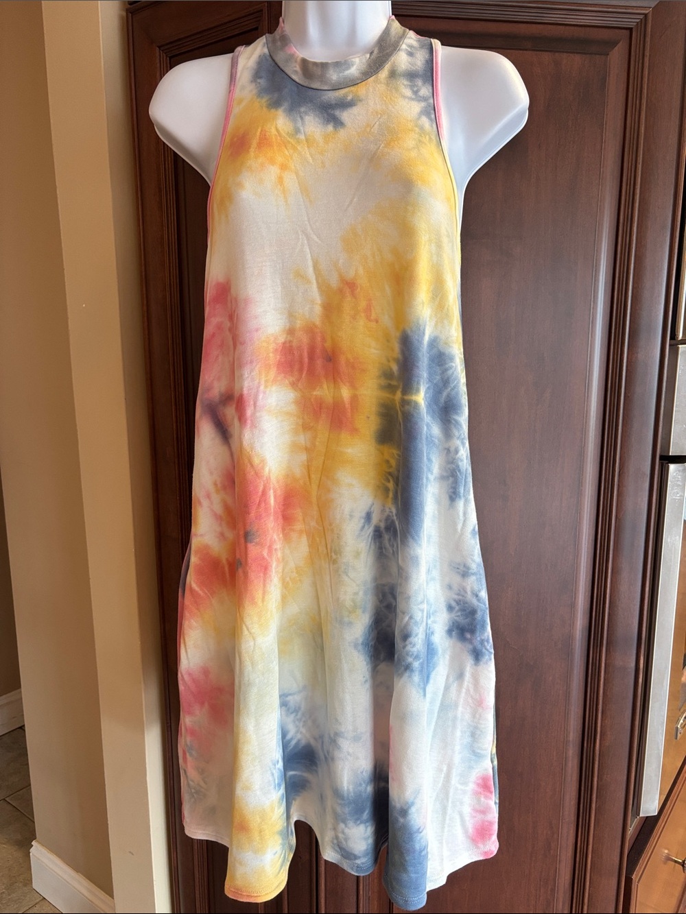 Sleeveless Tie-Dye Swing Dress in Yellow Pink Blue